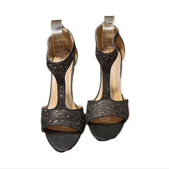 Black Crystal Studded Glitter T-strap Wedding Formal Heels Size 8.5 - Picture 1 of 7